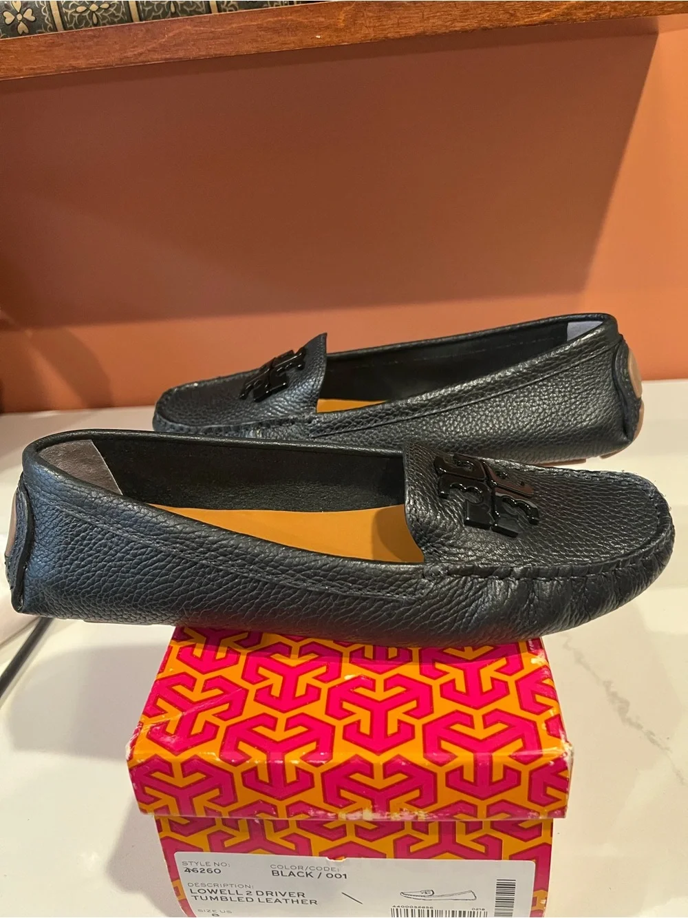 Tory Burch Black Pebbled Leather Logo Loafers